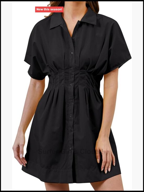Dresses & Skirts - Women Button Down Pleated Corset Mini Dress Short Sleeve Striped Print Cotton